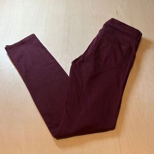 Tory Burch Super Skinny Jeans Burgundy Maroon Gold Logo Hardware Size 28